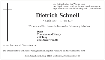 Traueranzeige von Dietrich Schnell von Ruhr Nachrichten