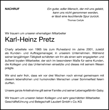 Traueranzeige von Karl-Heinz Pretz von Münstersche Zeitung und Münsterland Zeitung