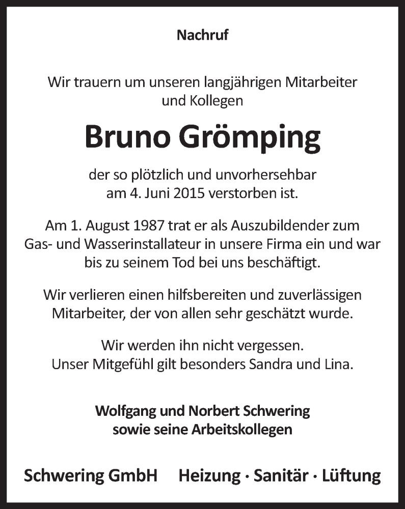  Traueranzeige für Bruno Grömping vom 10.06.2015 aus Ruhr Nachrichten und Dorstener Zeitung