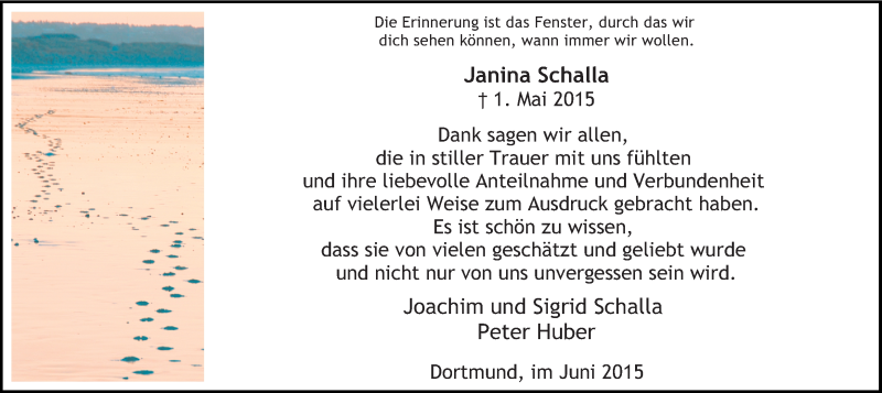  Traueranzeige für Janina Schalla vom 13.06.2015 aus Ruhr Nachrichten