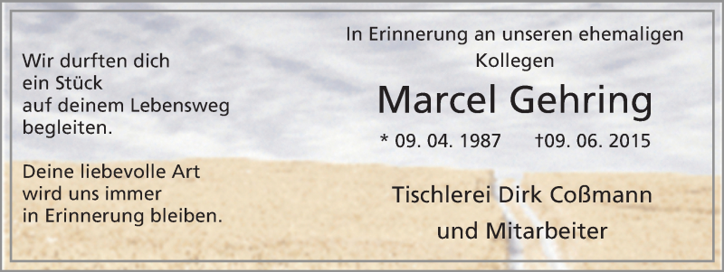  Traueranzeige für Marcel Gehring vom 13.06.2015 aus Münstersche Zeitung und Münsterland Zeitung