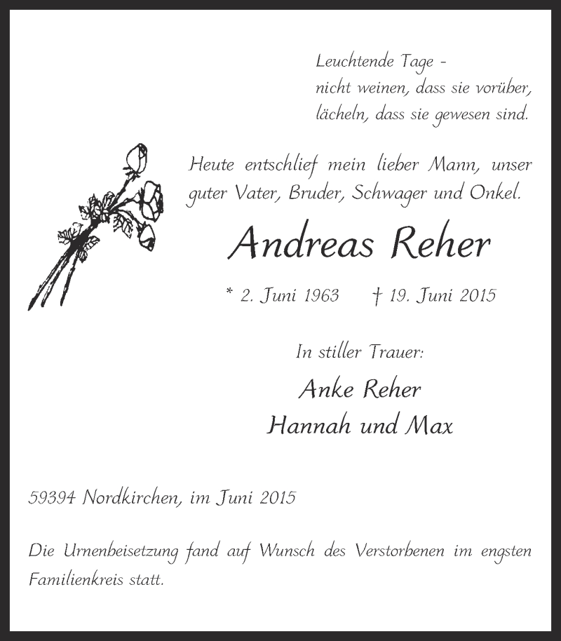  Traueranzeige für Andreas Reher vom 30.06.2015 aus Ruhr Nachrichten