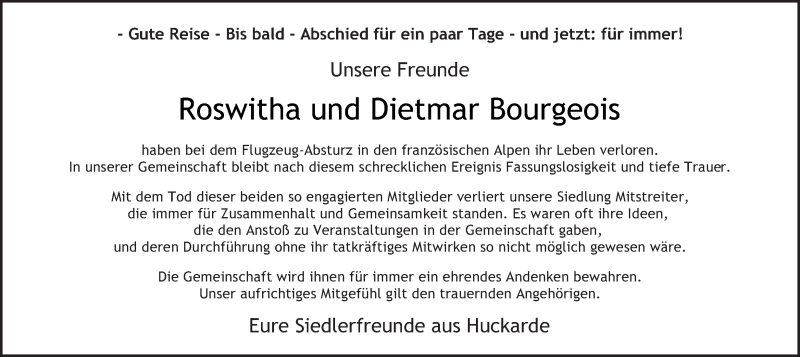  Traueranzeige für Roswitha und Dietmar Bourgeois vom 20.06.2015 aus Ruhr Nachrichten