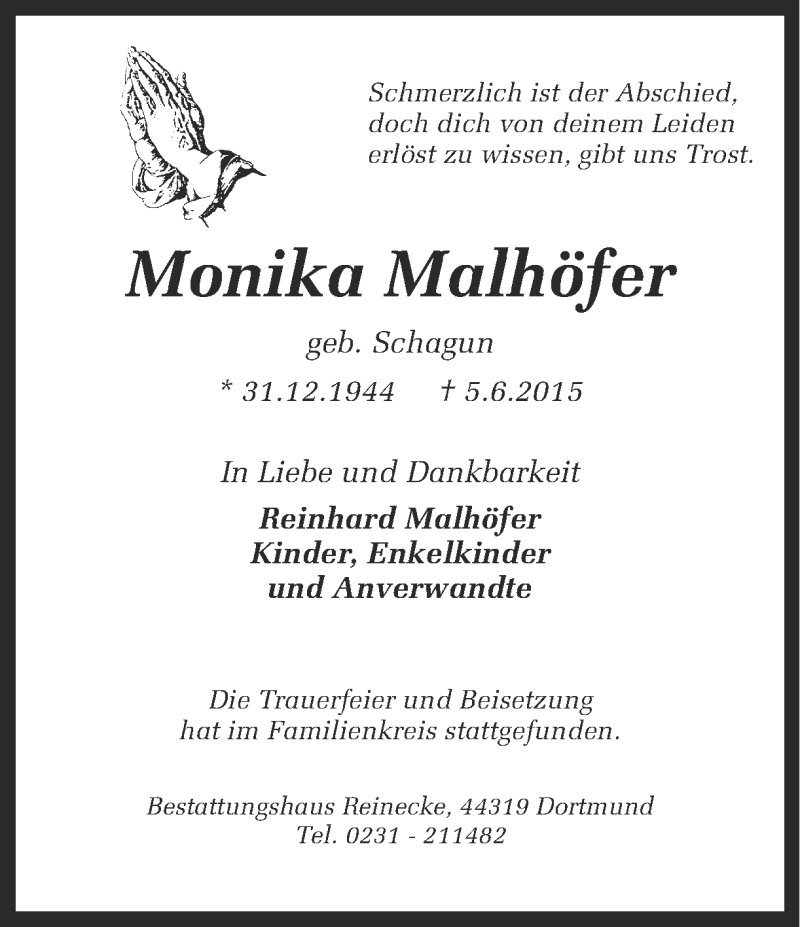  Traueranzeige für Monika Malhöfer vom 13.06.2015 aus Ruhr Nachrichten