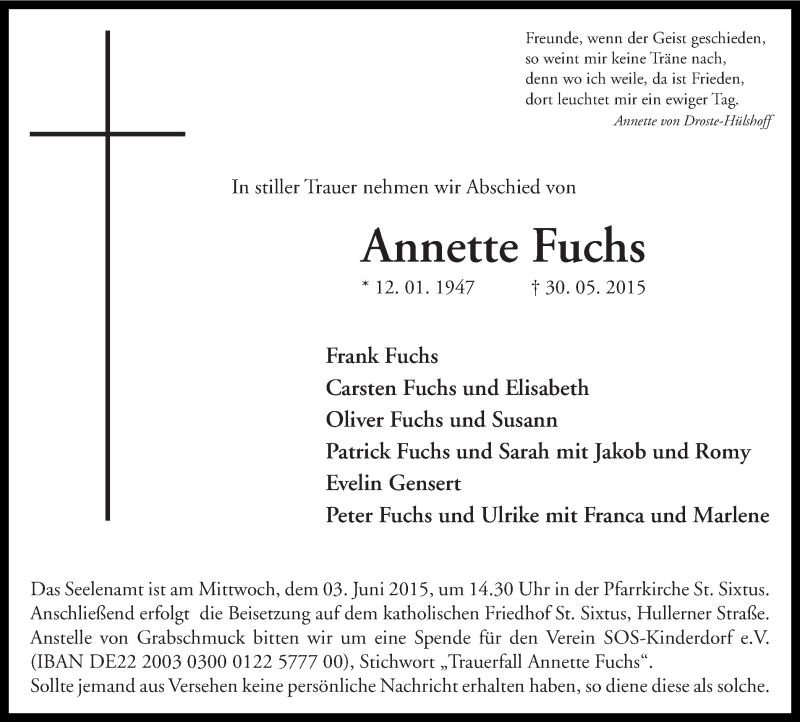  Traueranzeige für Annette Fuchs vom 02.06.2015 aus Ruhr Nachrichten und Halterner Zeitung
