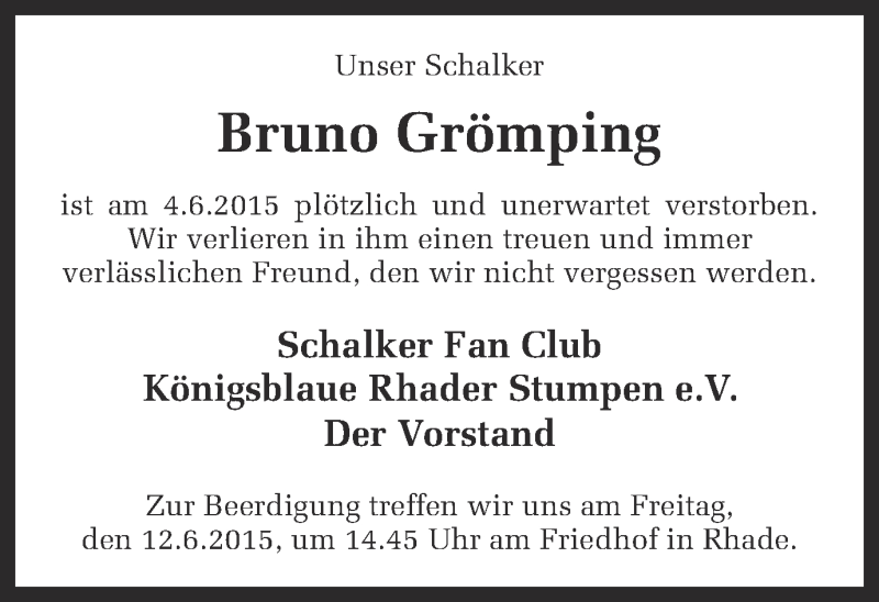  Traueranzeige für Bruno Grömping vom 10.06.2015 aus Ruhr Nachrichten und Dorstener Zeitung