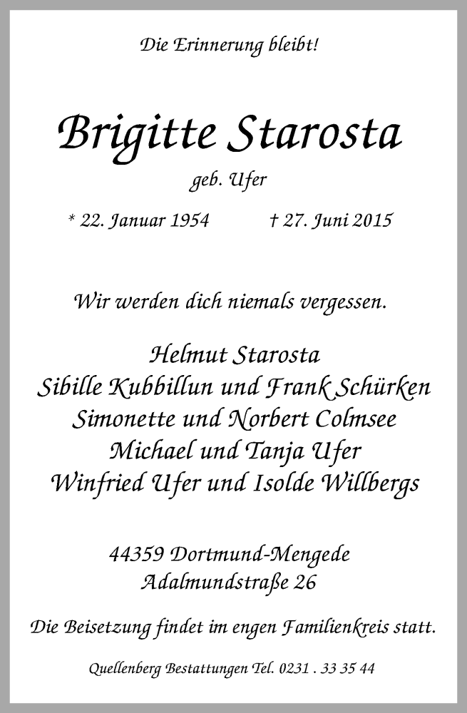  Traueranzeige für Brigitte Starosta vom 29.06.2015 aus Ruhr Nachrichten