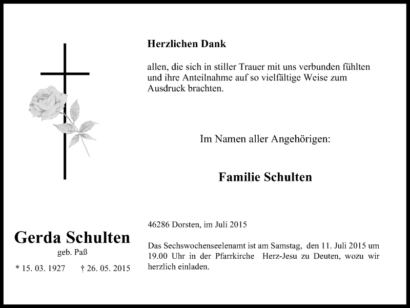  Traueranzeige für Gerda Schulten vom 09.07.2015 aus Ruhr Nachrichten und Dorstener Zeitung