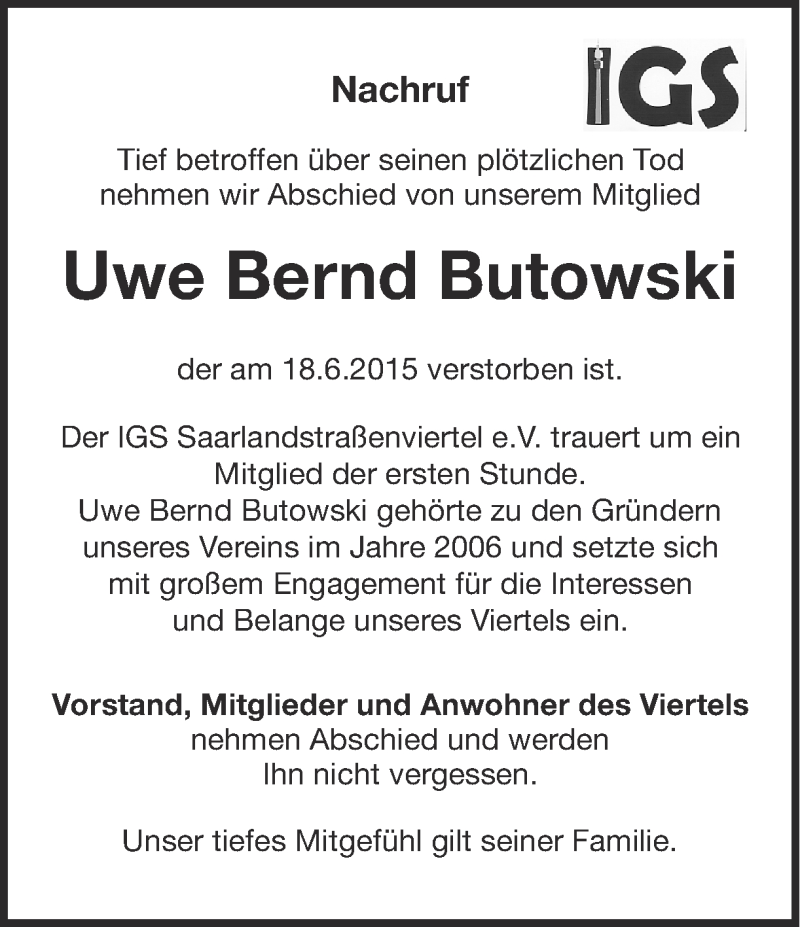  Traueranzeige für Uwe Bernd Butowski vom 04.07.2015 aus Ruhr Nachrichten