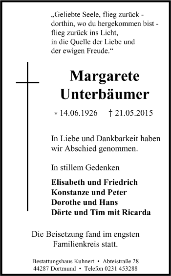 Traueranzeige von Margarete Unterbäumer von Ruhr Nachrichten