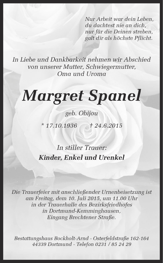  Traueranzeige für Margret Spanel vom 04.07.2015 aus Ruhr Nachrichten