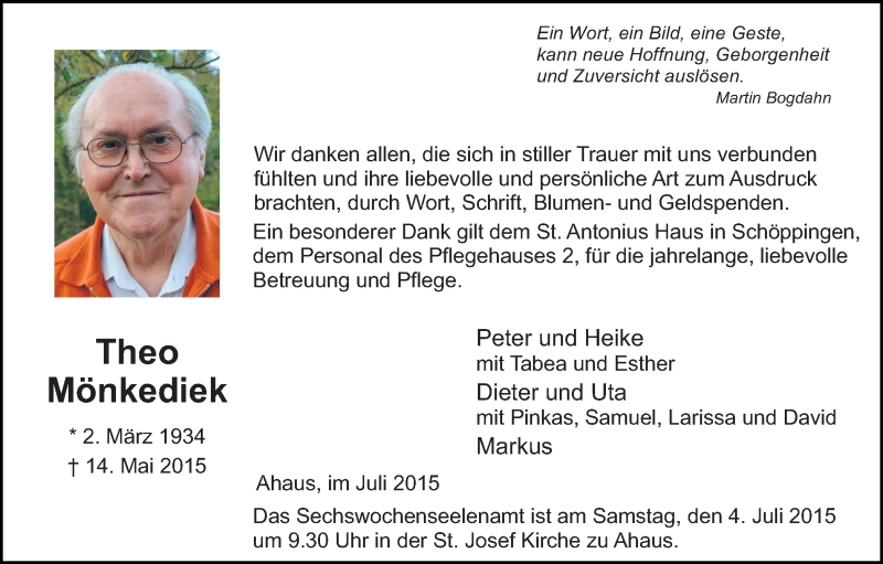  Traueranzeige für Theo Mönkediek vom 01.07.2015 aus Münstersche Zeitung und Münsterland Zeitung