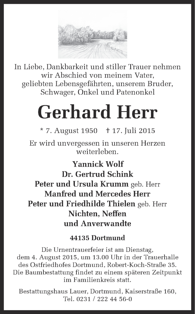  Traueranzeige für Gerhard Herr vom 25.07.2015 aus Ruhr Nachrichten