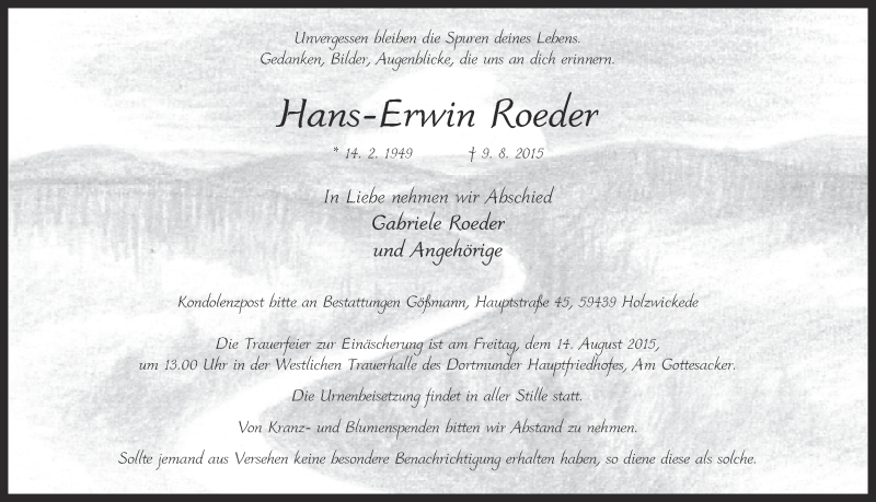  Traueranzeige für Hans-Erwin Roeder vom 11.08.2015 aus Ruhr Nachrichten