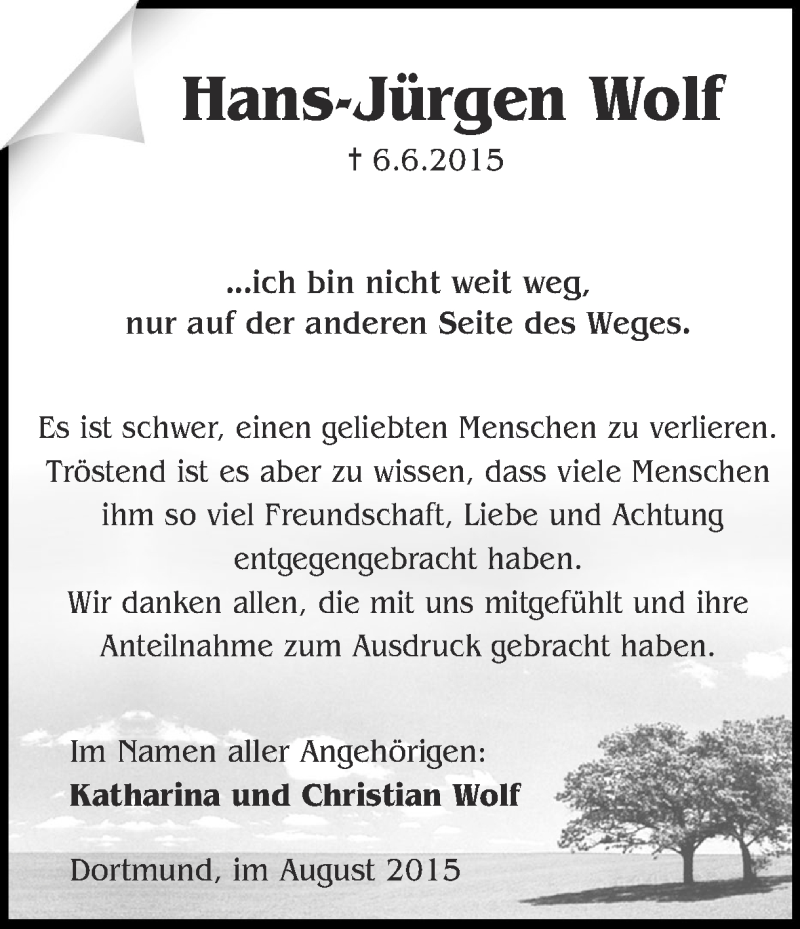  Traueranzeige für Hans-Jürgen Wolf vom 01.08.2015 aus Ruhr Nachrichten
