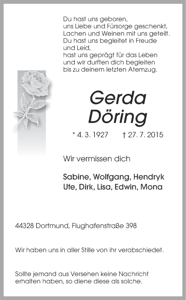  Traueranzeige für Gerda Döring vom 08.08.2015 aus Ruhr Nachrichten