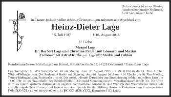 Traueranzeige von Heinz-Dieter Lage von Ruhr Nachrichten