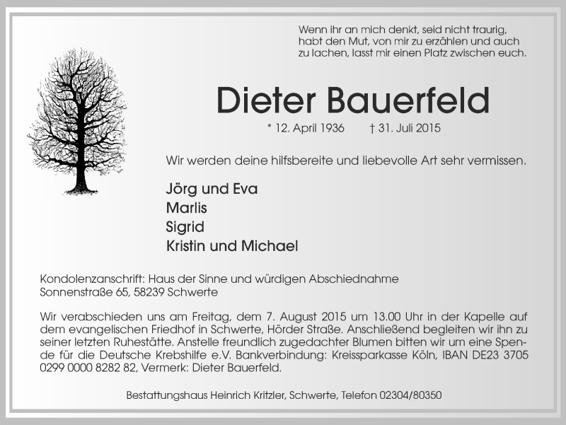  Traueranzeige für Dieter Bauerfeld vom 04.08.2015 aus Ruhr Nachrichten
