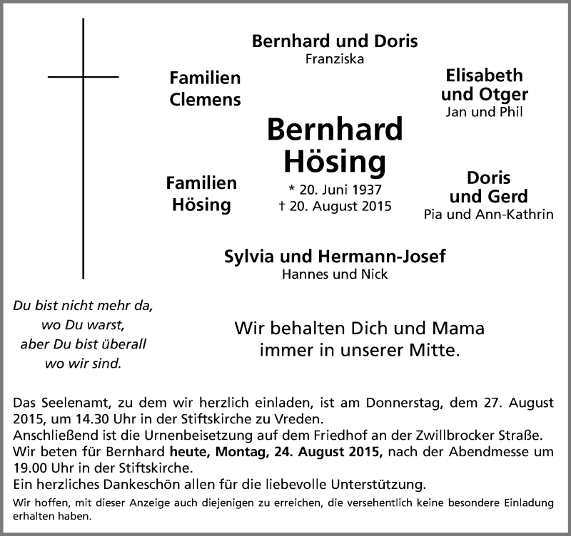  Traueranzeige für Bernhard Hösing vom 24.08.2015 aus Münstersche Zeitung und Münsterland Zeitung