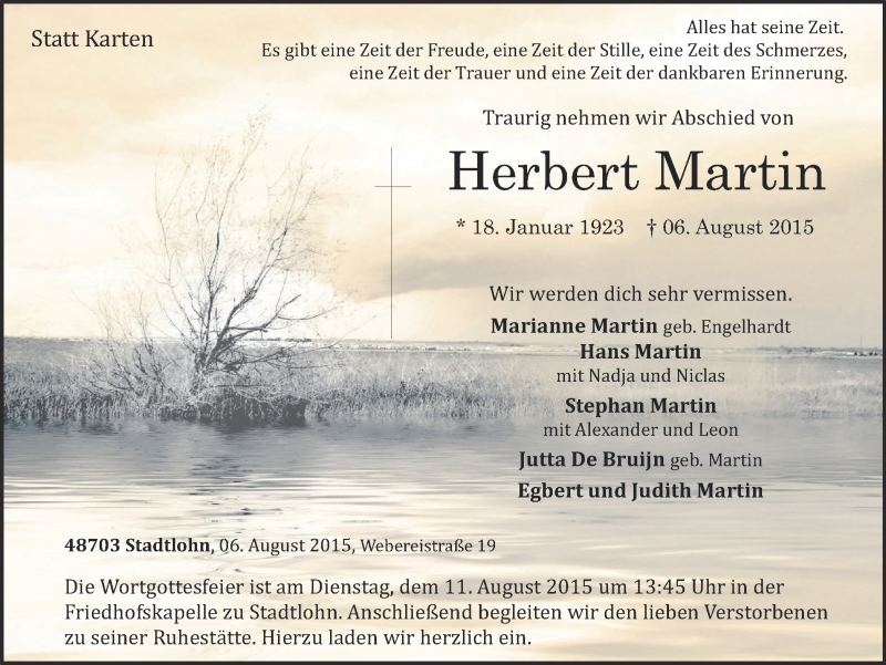  Traueranzeige für Herbert Martin vom 08.08.2015 aus Münstersche Zeitung und Münsterland Zeitung