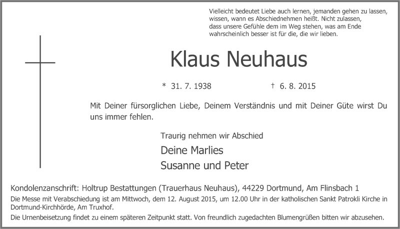  Traueranzeige für Klaus Neuhaus vom 08.08.2015 aus Ruhr Nachrichten