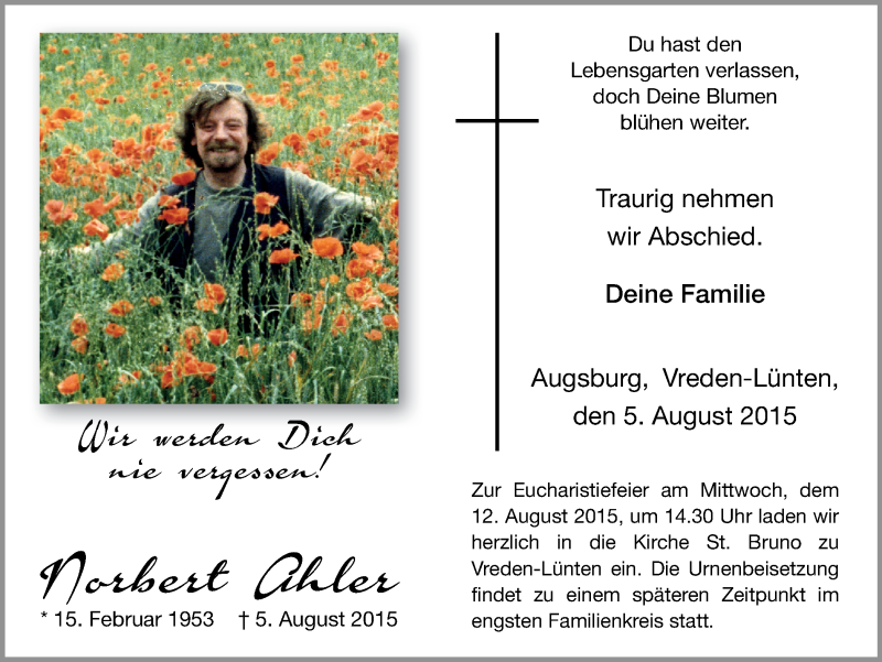  Traueranzeige für Norbert Ahler vom 10.08.2015 aus Münstersche Zeitung und Münsterland Zeitung