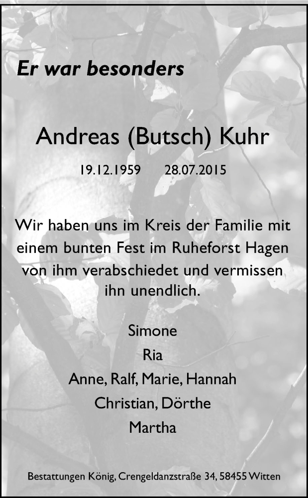  Traueranzeige für Andreas Kuhr vom 05.08.2015 aus Ruhr Nachrichten