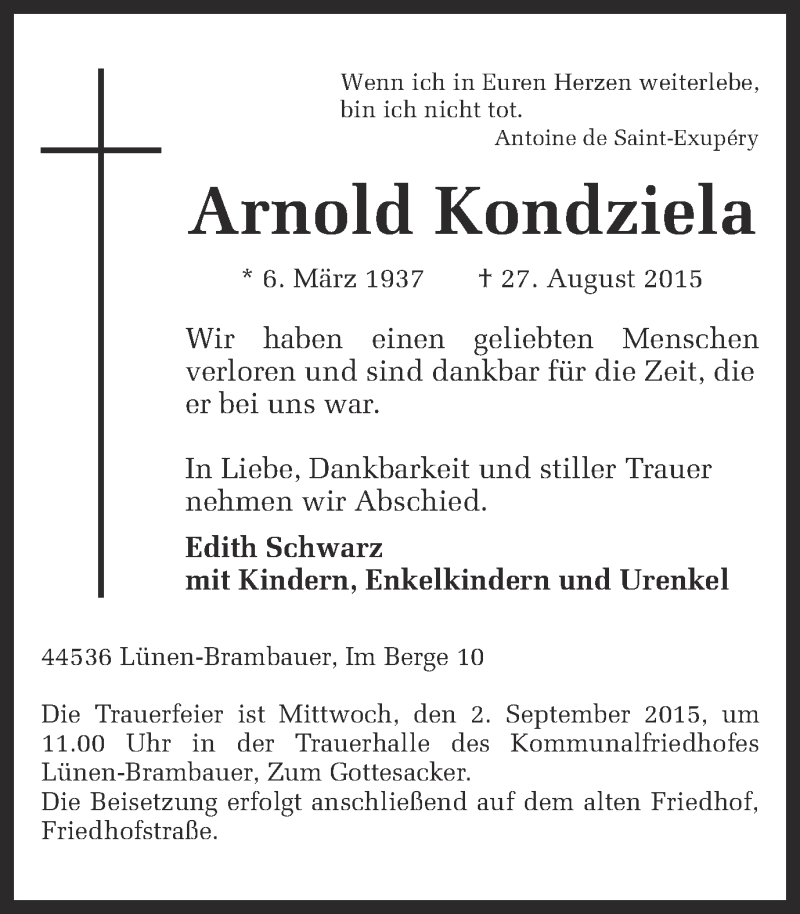  Traueranzeige für Arnold Kondziela vom 29.08.2015 aus Ruhr Nachrichten