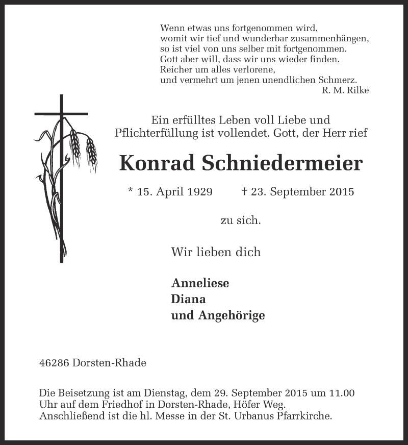  Traueranzeige für Konrad Schniedermeier vom 25.09.2015 aus Ruhr Nachrichten und Dorstener Zeitung
