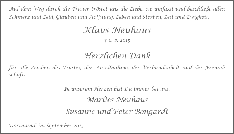  Traueranzeige für Klaus Neuhaus vom 19.09.2015 aus Ruhr Nachrichten