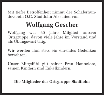 Traueranzeige von Wolfgang Gescher von Münstersche Zeitung und Münsterland Zeitung