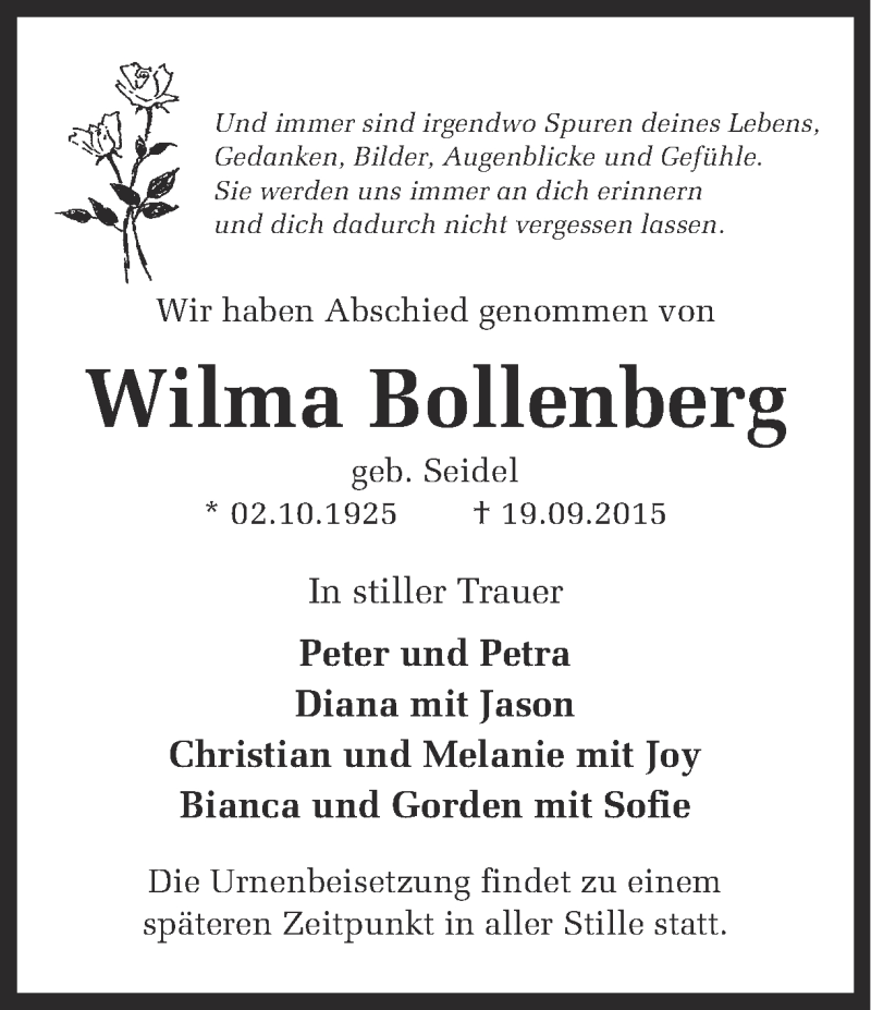  Traueranzeige für Wilma Bollenberg vom 26.09.2015 aus Ruhr Nachrichten