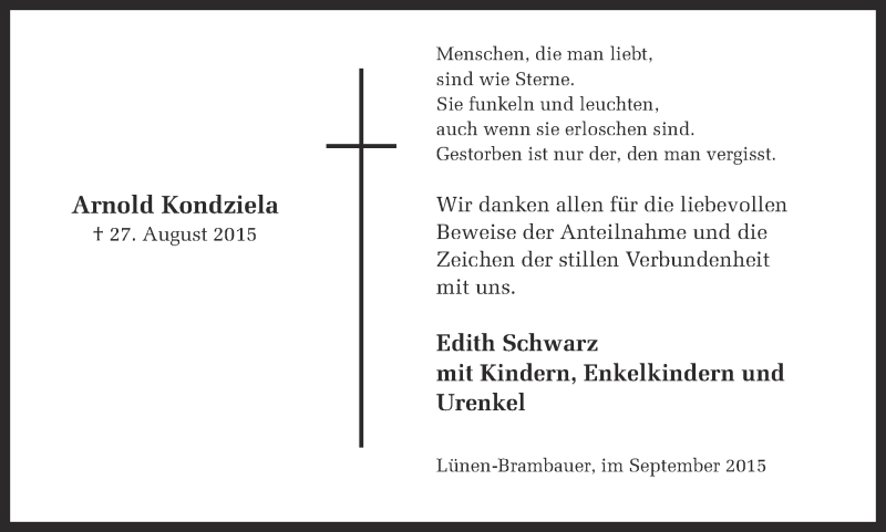  Traueranzeige für Arnold Kondziela vom 19.09.2015 aus Ruhr Nachrichten