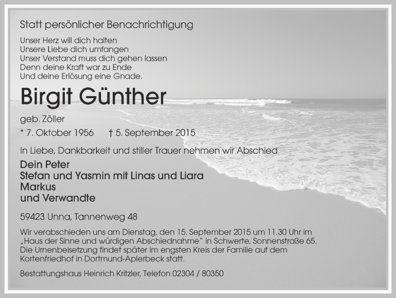  Traueranzeige für Birgit Günther vom 09.09.2015 aus Ruhr Nachrichten