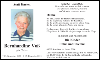 Traueranzeige von Bernhardine Voß von Münstersche Zeitung und Münsterland Zeitung