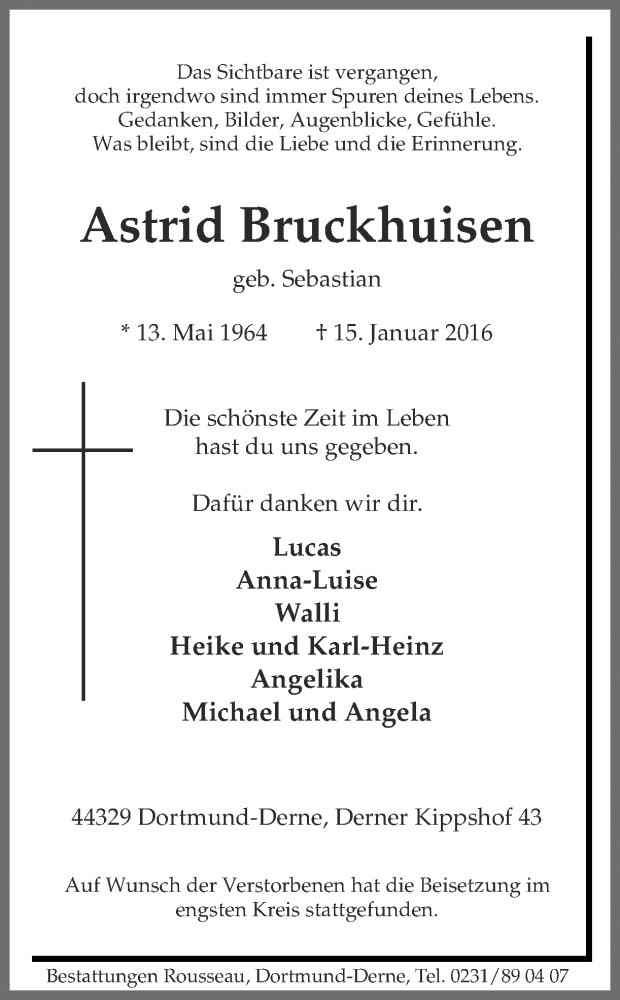  Traueranzeige für Astrid Bruckhuisen vom 30.01.2016 aus Ruhr Nachrichten