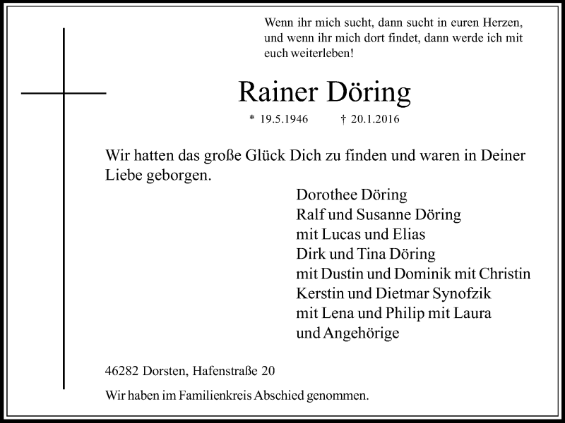  Traueranzeige für Rainer Döring vom 27.01.2016 aus Ruhr Nachrichten und Dorstener Zeitung