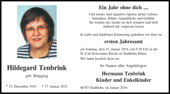 Traueranzeige von Hildegard Tenbrink von Münstersche Zeitung und Münsterland Zeitung