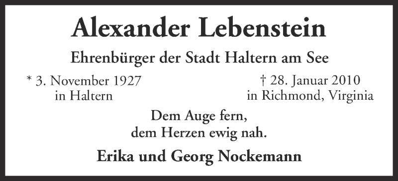  Traueranzeige für Alexander Lebenstein vom 28.01.2016 aus Ruhr Nachrichten und Halterner Zeitung
