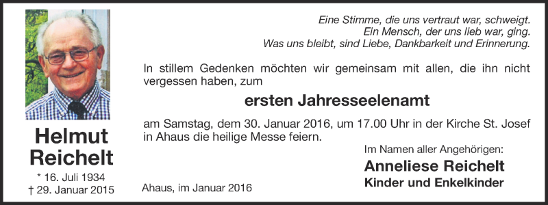  Traueranzeige für Helmut Reichelt vom 27.01.2016 aus Münstersche Zeitung und Münsterland Zeitung