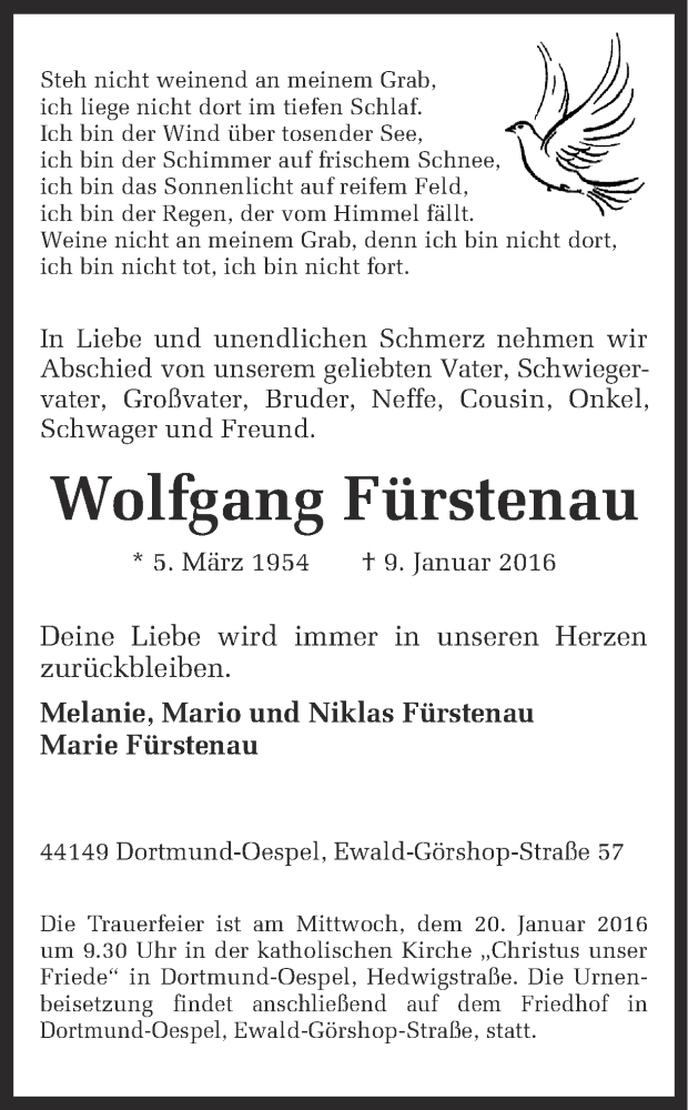  Traueranzeige für Wolfgang Fürstenau vom 16.01.2016 aus Ruhr Nachrichten