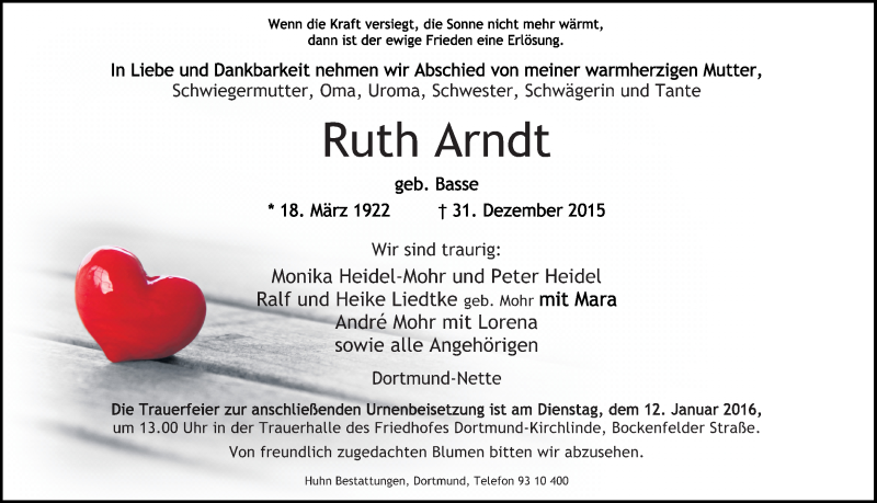  Traueranzeige für Ruth Arndt vom 07.01.2016 aus Ruhr Nachrichten