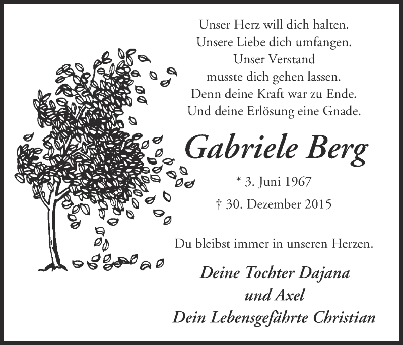  Traueranzeige für Gabriele Berg vom 02.01.2016 aus Ruhr Nachrichten und Halterner Zeitung