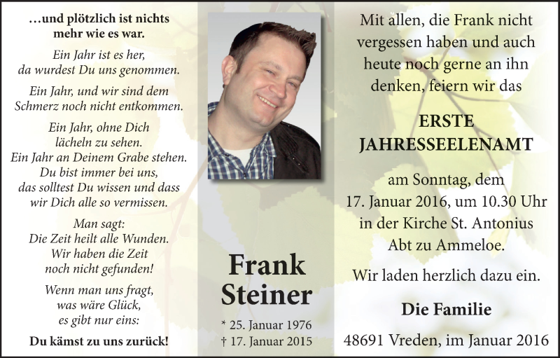  Traueranzeige für Frank Steiner vom 14.01.2016 aus Münstersche Zeitung und Münsterland Zeitung