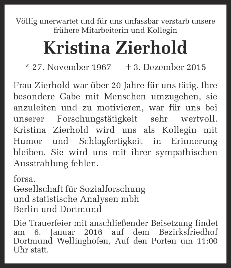  Traueranzeige für Kristina Zierhold vom 02.01.2016 aus Ruhr Nachrichten