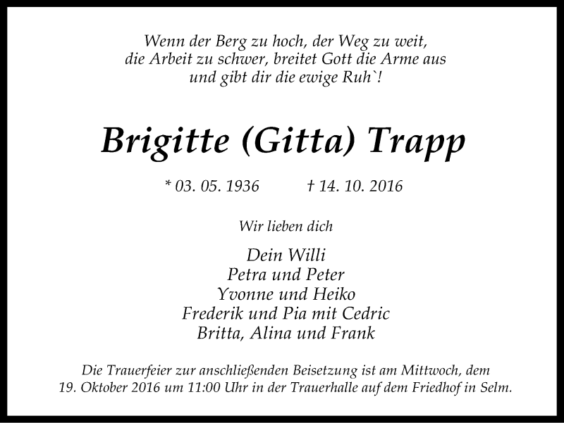  Traueranzeige für Brigitte Trapp vom 15.10.2016 aus Ruhr Nachrichten