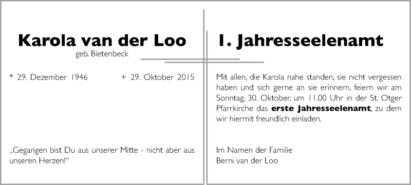  Traueranzeige für Karola van der Loo vom 26.10.2016 aus Münstersche Zeitung und Münsterland Zeitung