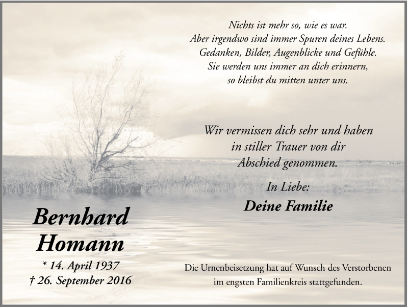  Traueranzeige für Bernhard Homann vom 19.10.2016 aus Ruhr Nachrichten und Dorstener Zeitung