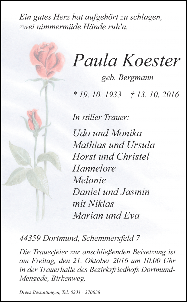  Traueranzeige für Paula Koester vom 18.10.2016 aus Ruhr Nachrichten