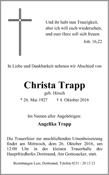 Traueranzeige von Christa Trapp von Ruhr Nachrichten